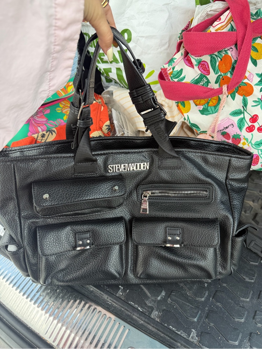 Steve Madden Black Pebbled Leather Multi-Pocket Tote